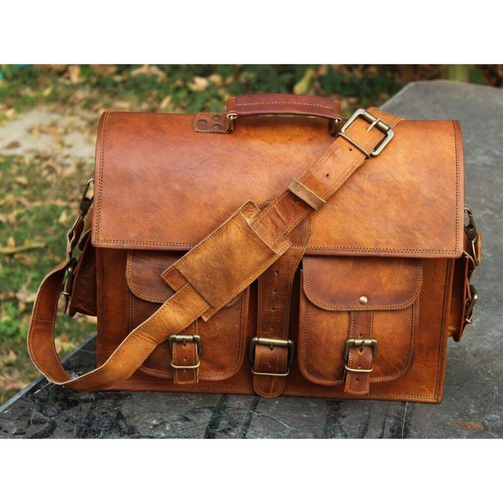 Men's Genuine Vintage Messenger Shoulder Goat Laptop Leather Briefcase Satchel