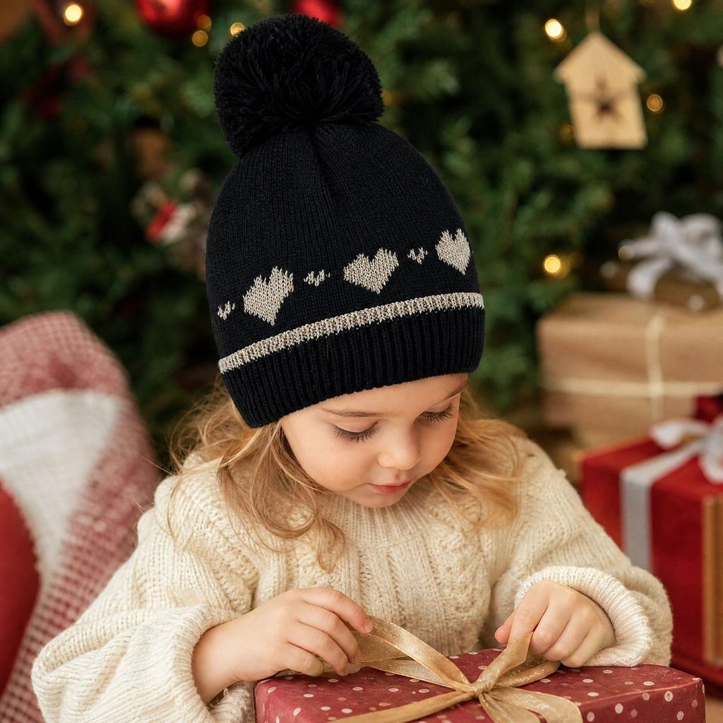 Girls Cute Knitted with Gold Thread Heart and Ear, Warm Winter Hat for Kids