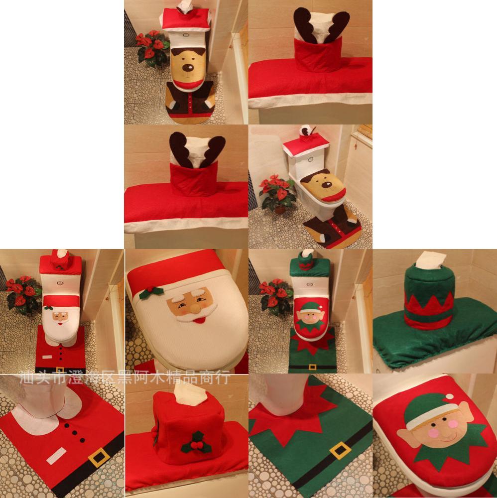 Festive Christmas Santa Toilet Seat Cover Set With Snowman And Reindeer Designs