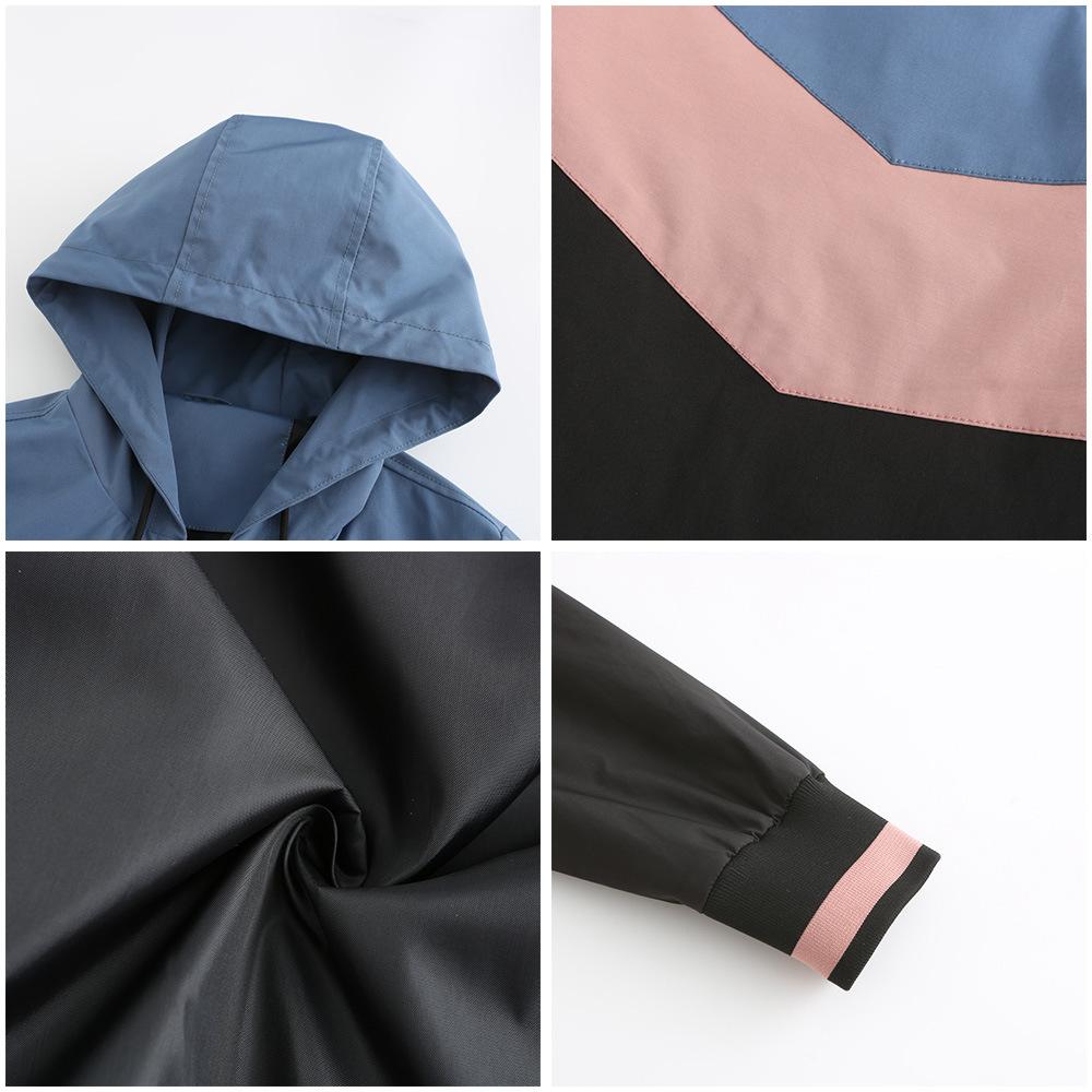 Women Spring Autumn Hooded Long Sleeve Color-block Drawstring Thin Trench Coat S-XXL