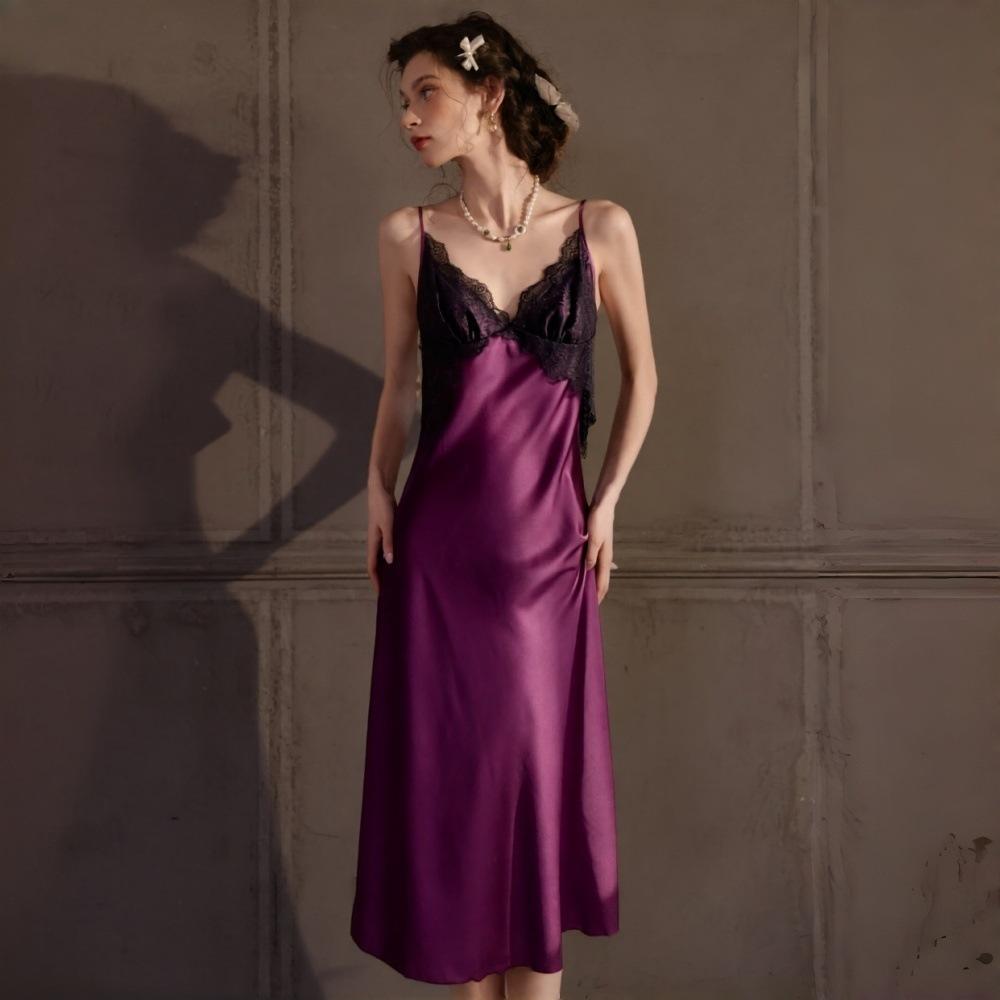 New long dress women's summer sexy ice silk pajamas suspender lace backless imitation silk homewear
