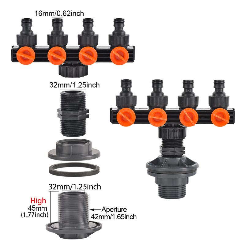 IBC Faucet Adapter PVC Bulkhead Adapter with 4-Way Water Splitters Valve Garden Hose Fitting For 1000L Outdoor Water Tank