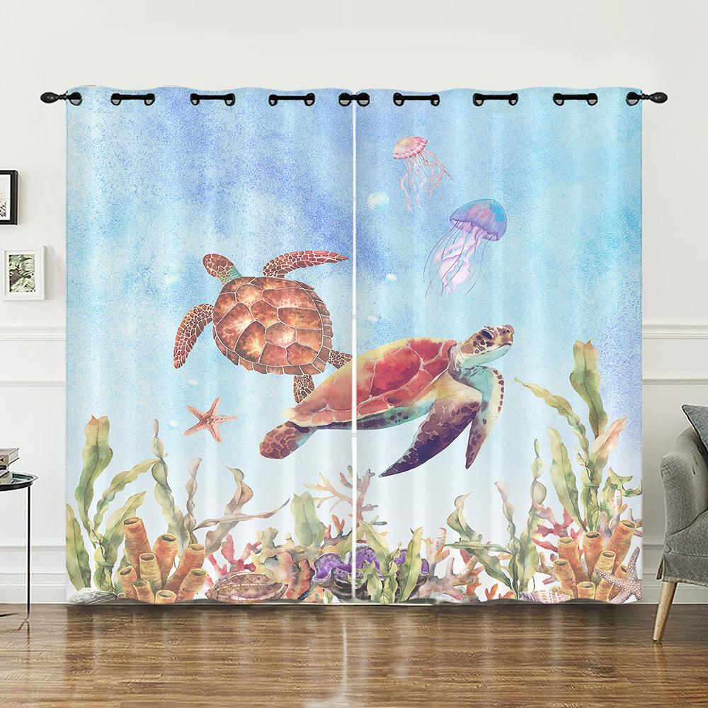 Curtains Turtle Blue Sea Sunshade Digital Printing Curtains Blackout No Punching Bedroom