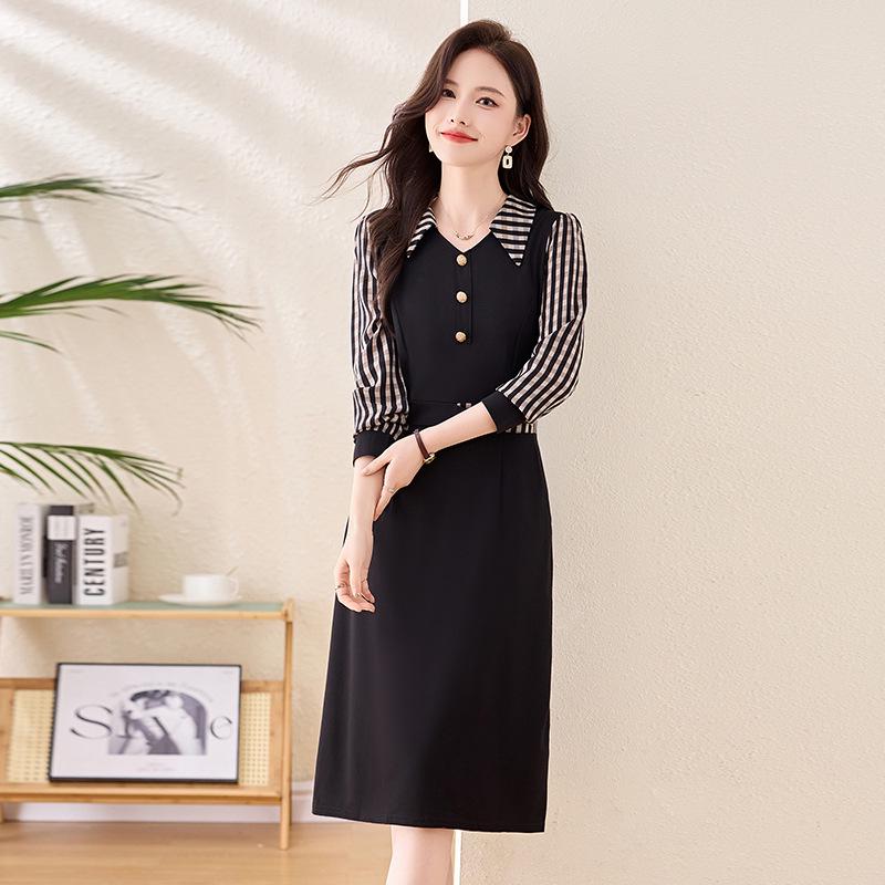 Vestido de Cuadros Primavera 2025: Elegante cuello vuelto para mujer, talla grande, diseño patchwork que estiliza la cintura (LX256)