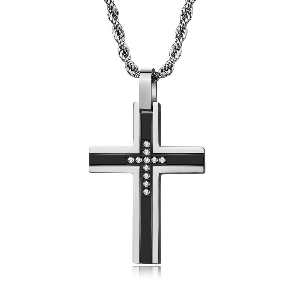 Diamond-encrusted Cross Pendant New Men s Titanium Steel Light Sand Cross Necklace 60CM