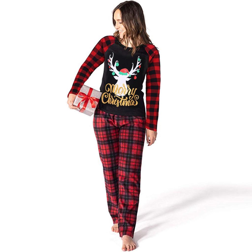 Family Matching Plaid Stitching Plus Size Thermal Long Sleeve Christmas Pajamas Set Cozy Holiday Homewear Parent Child Outfit