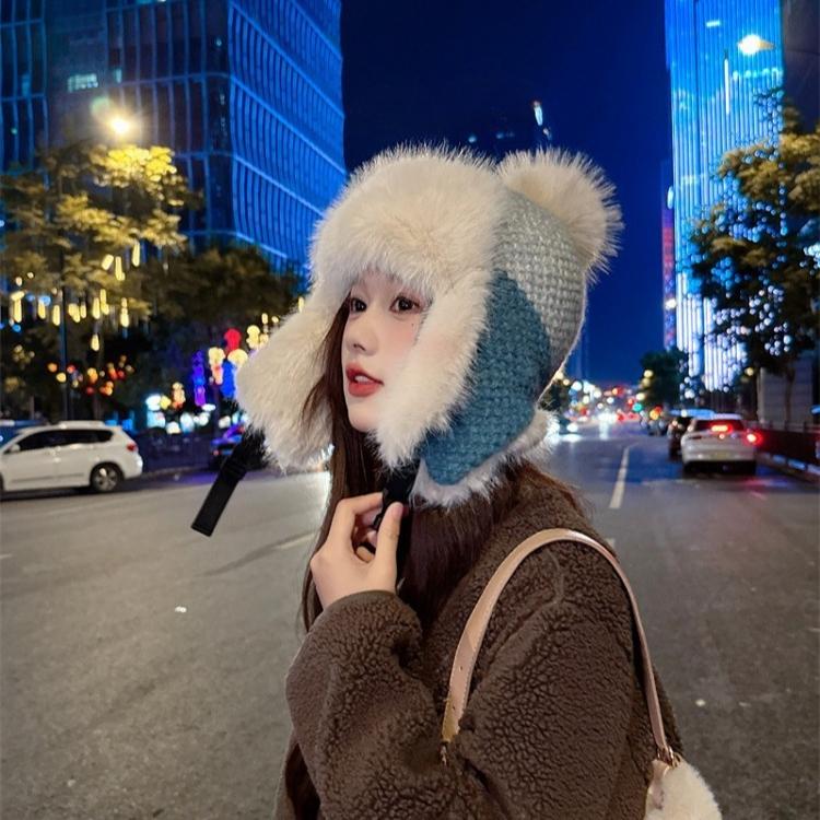 Fashion Fleece Thickened Hat Women's Winter Windproof Ear Protection Lei Feng Hat Cycling Skiing Knitted Wool Hat