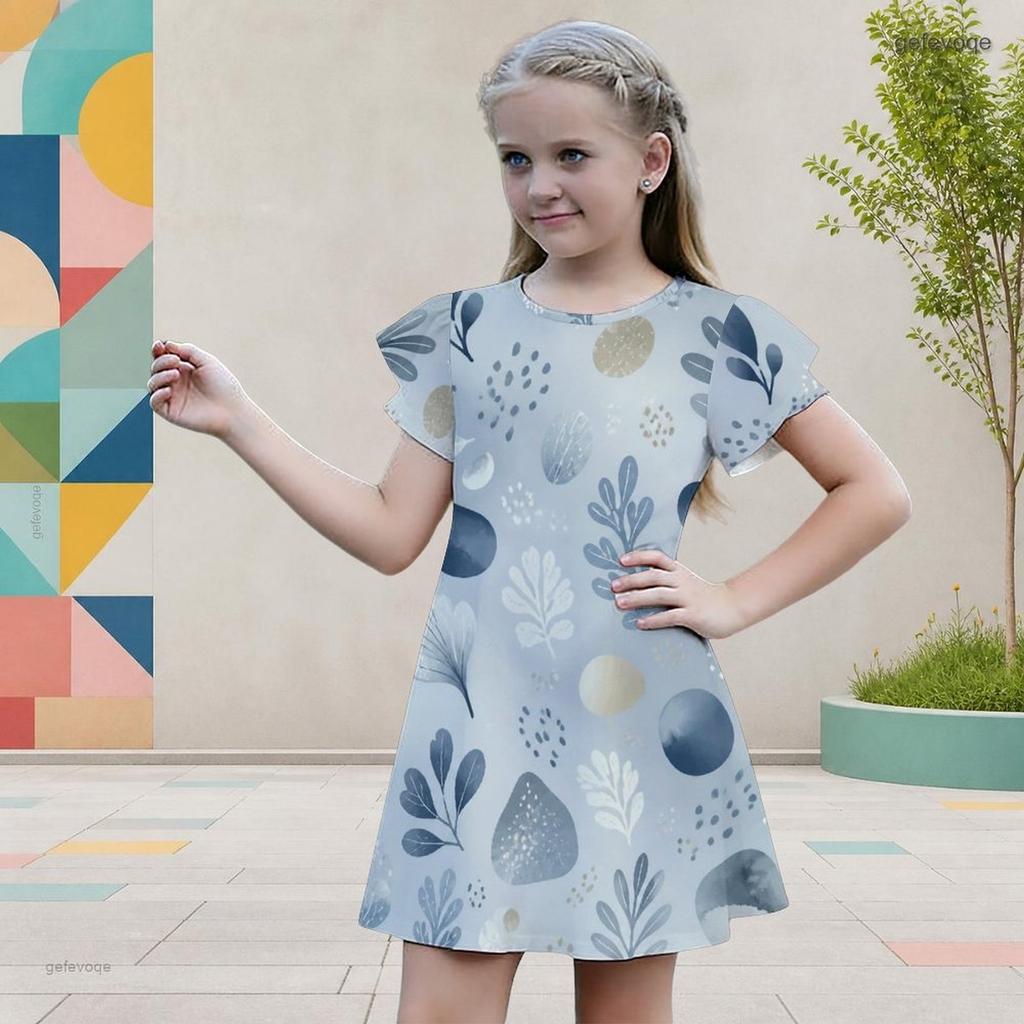 Girls Multicolor Printed Round Neck Flutter Sleeve A Line Flared Dress