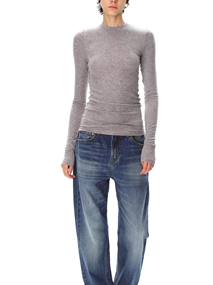 חולצת טי לנשים, גזרה צמודה, רטרו, קלת משקל, צמר אמריקאי, טנסל, שרוולים ארוכים - שכבת בסיס ידידותית לעור ומתיחה