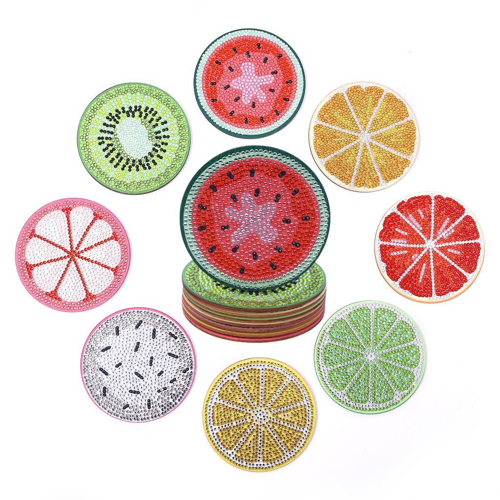 8-piece Fruit Pattern DIY Diamond Art Painting Coaster Without Cup Holder Wooden Coaster Living Room Office Bar Restaurant