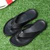 New Men'S Black Leather Flip Flops Thick Sole Non-Slip Casual Slides Summer Beach Comfortable Anti-Slip Walking Sandals For Men
