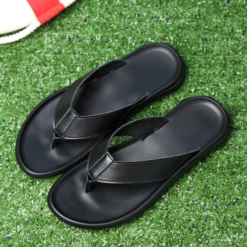 New Men'S Black Leather Flip Flops Thick Sole Non-Slip Casual Slides Summer Beach Comfortable Anti-Slip Walking Sandals For Men