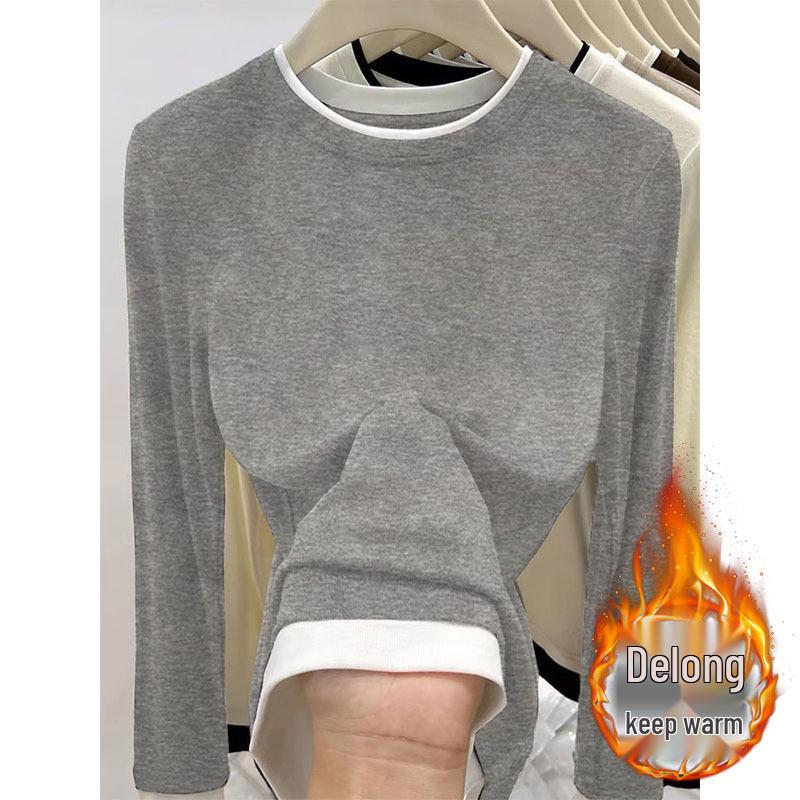 Double-Sided Plush Color Block Long Sleeve Layered T-shirt – 2025 Autumn/Winter Collection