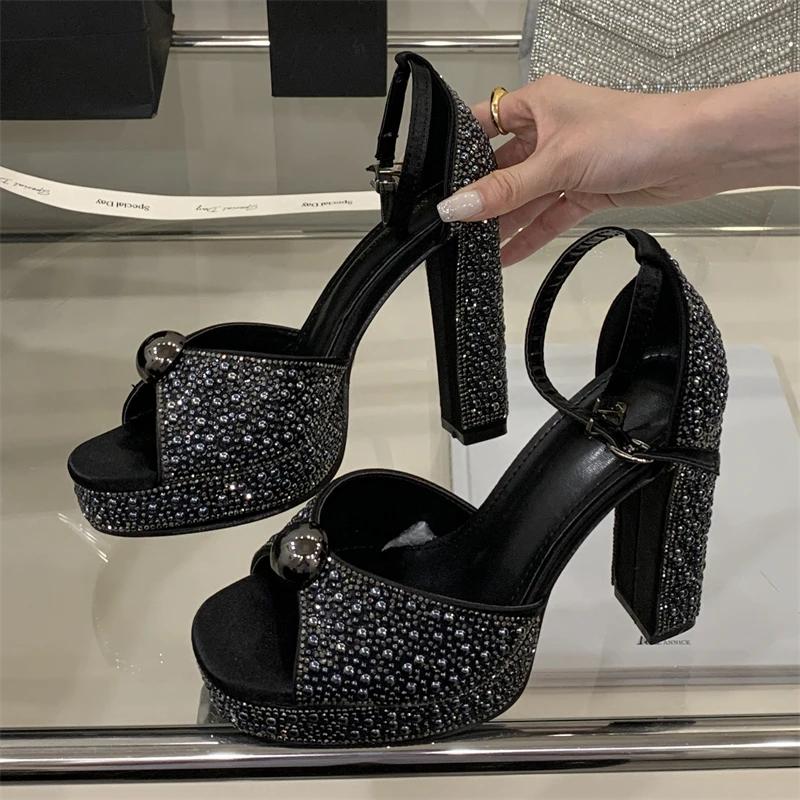 Fashion Women Party High Heels High-quality Sexy Pearl Buckle Strap Women Sandals Street Style Platform Square Toe Stripper Summer Shoes
