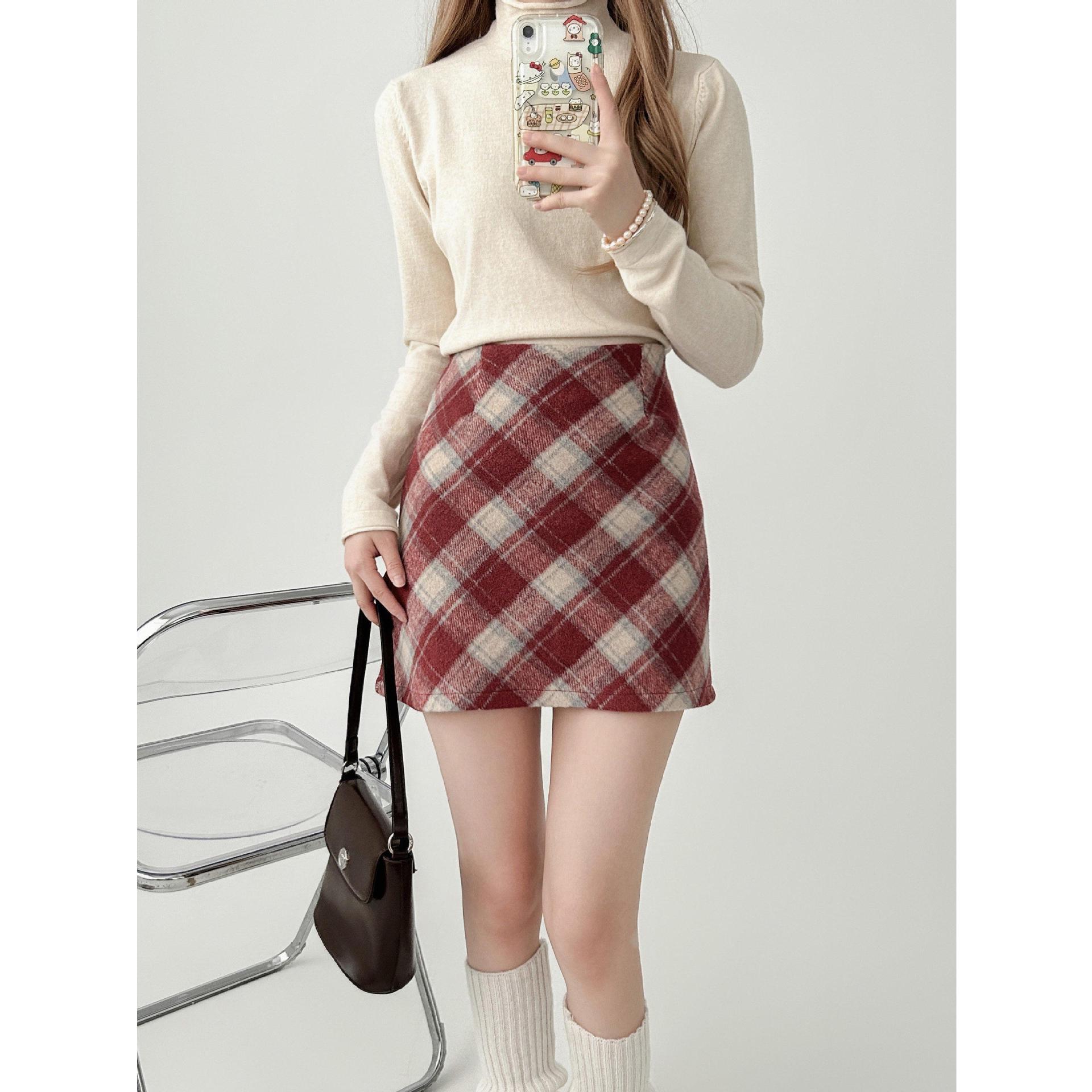 Women s Red Vintage Plaid Wool High-Waisted A-Line Hip-Wrap Skirt - Spring/Summer 2026 L красный