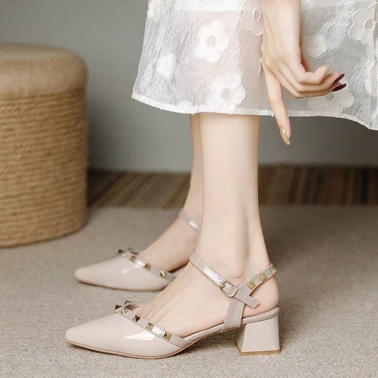 Coarse heel French rivet sandals comfortable non-slip sandals 2025 summer and autumn new versatile pointed heightening cool slippers