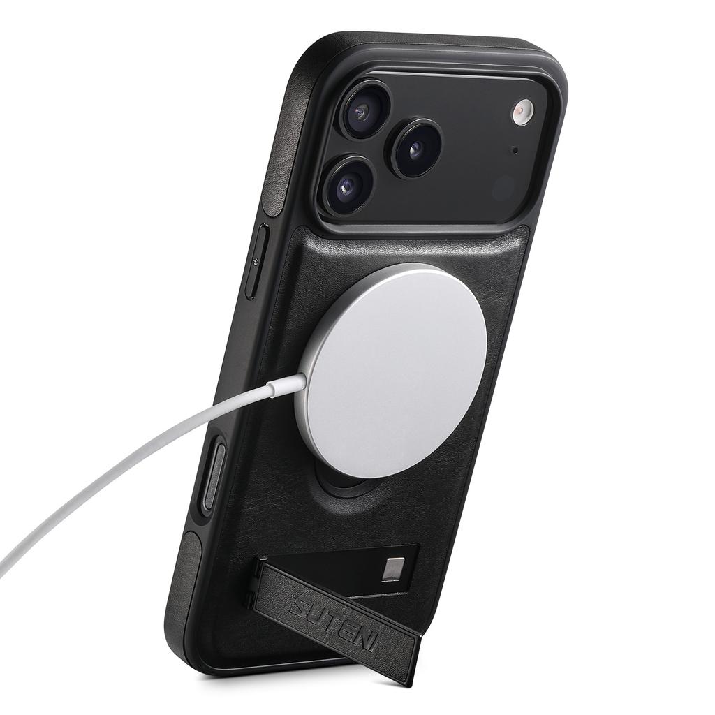 Vintage Oil Wax Leather Phone Case for iPhone 17 Pro Max Air 16 Plus 15 14 13 12 Pro Invisible Bracket Magnetic Charging Cover