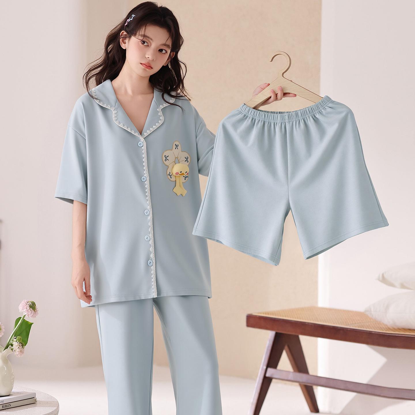 

Women s Spring Cotton Pajama Set: Cute Lapel Cardigan, Short Sleeves, Long Pants, Wear Indoors or Out XL - Extra Large