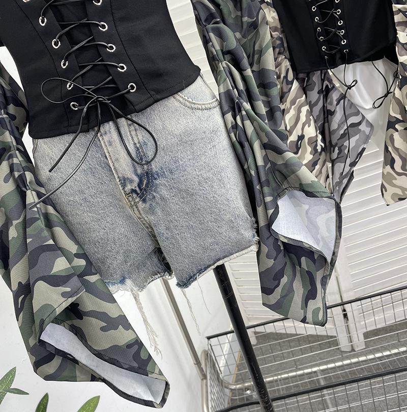 American Retro Camouflage Lace-up Pleated Shirt