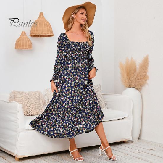 Sukienka Damska Długi Rękaw Nadruk Kwiatowy Linia A Kwadratowy Dekolt Sukienka Midi Elastyczna Talia Bez Pleców Patchworkowy Dół Plisowana Sukienka Wiosenno-Jesienna