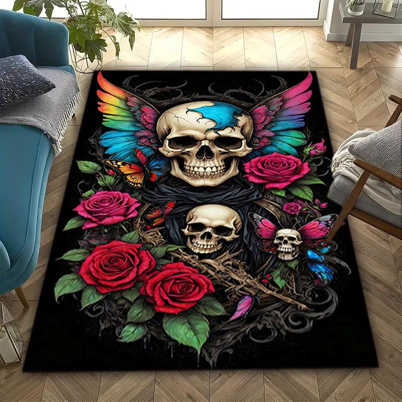1PC Skull Dark Gothic Pattern Printed Carpet Rug for Living Room Bedroom Home Sofa Decoration,Non-slip Floor Mat Floor Mat