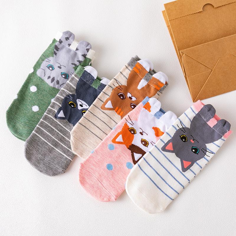 5 Pairs Dog Cat Cartoon Women Socks Kawaii Cotton Short Socks Cute Low Cut Ankle Korean Japanese Fashion Socks Girl
