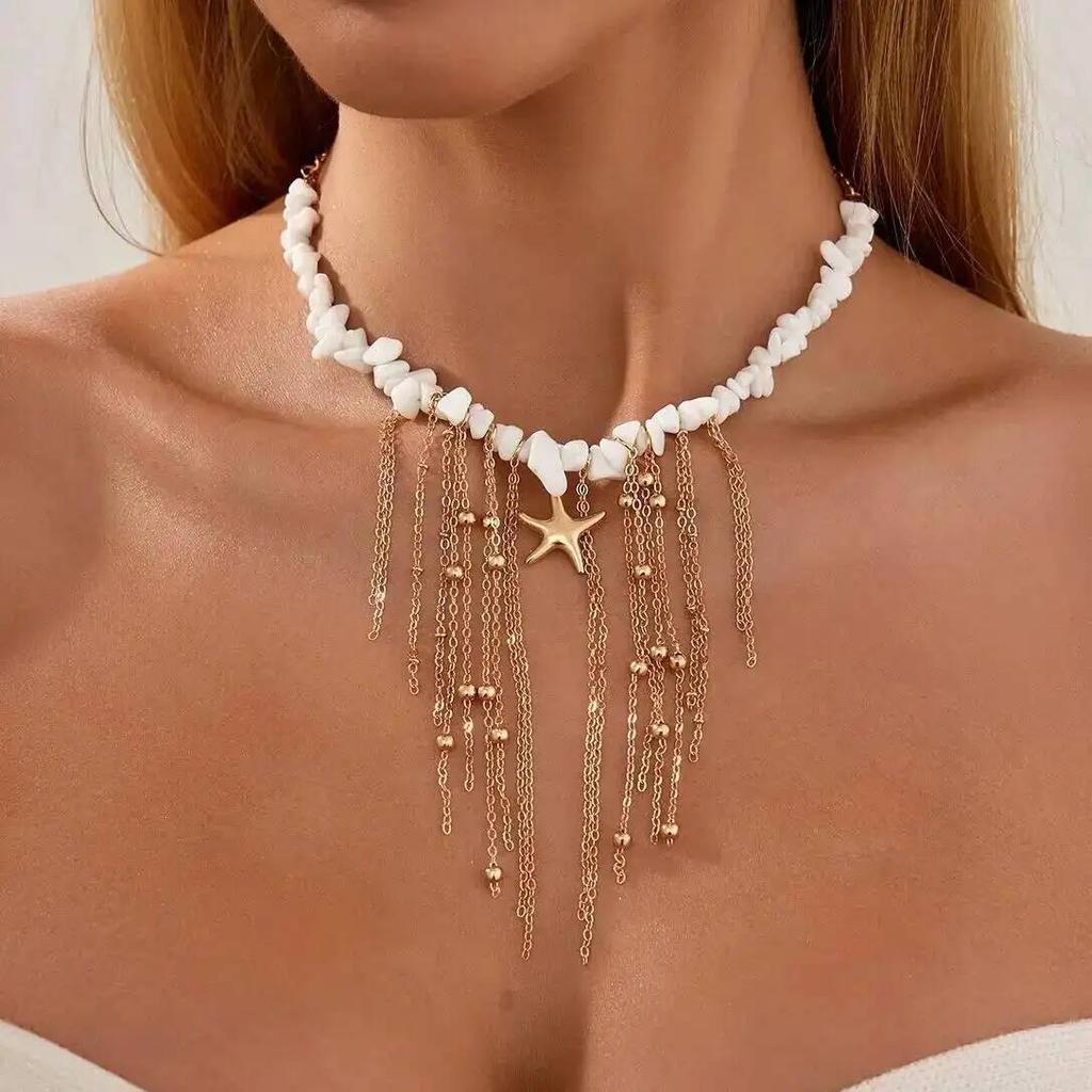 SHIXIN Boho Starfish Tassel Necklace Pendent Necklace Women Vintage Summer Gravel Beaded Clavicle Chain Party Jewelry 2026 New