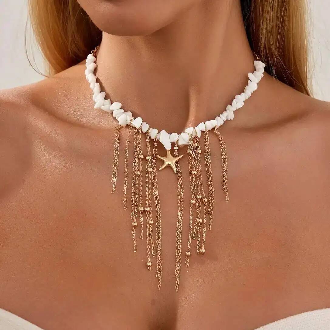 

SHIXIN Boho Starfish Tassel Necklace Pendent Necklace Women Vintage Summer Gravel Beaded Clavicle Chain Party Jewelry 2026 New