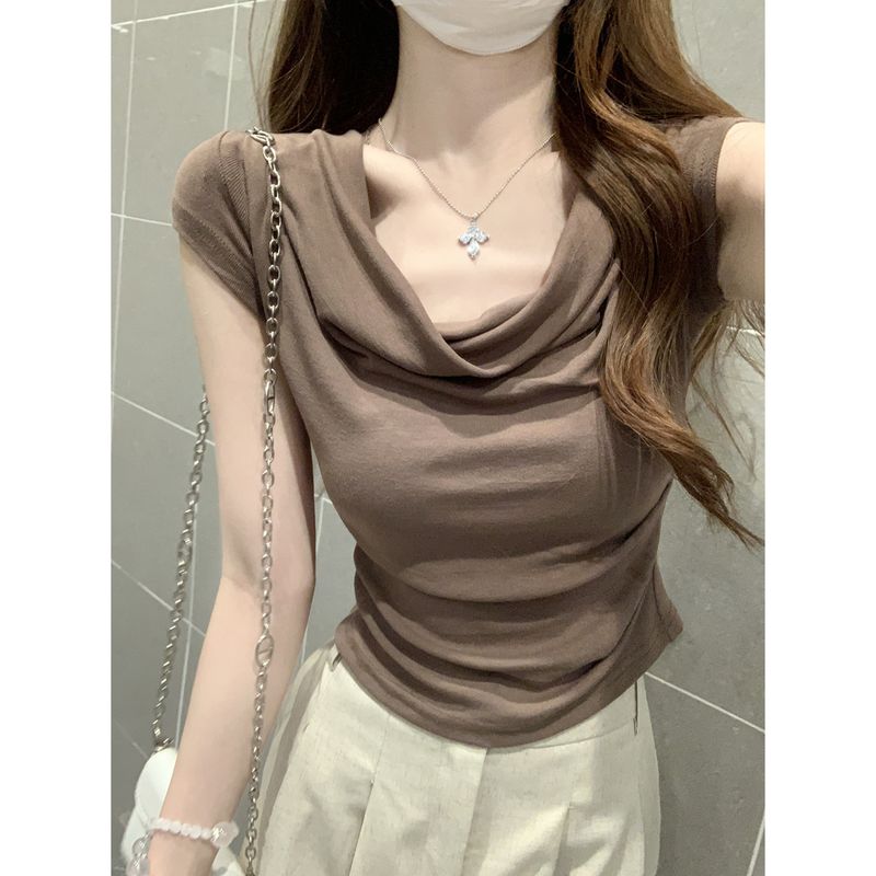 

La Chabell White Slimming Design Short sleeve T-shirt Women 2025 Summer Korean Style Elegant Pure Want to Swing Collar Top Curry color S