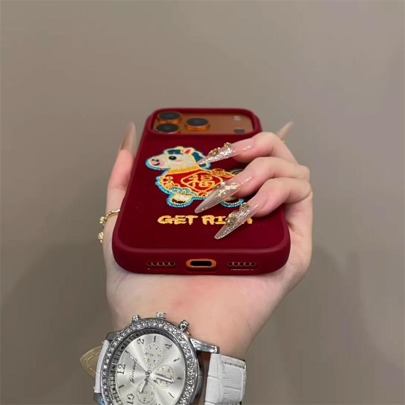 iPhone 14/15/16/17 Pro New Year Embroidered Red Velvet Fu Character Horse Case
