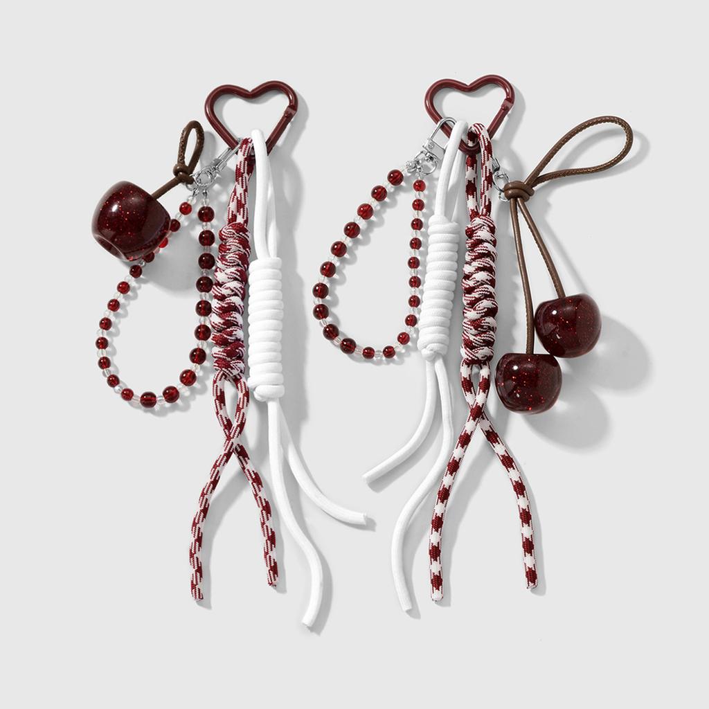 Fashionable Cherry Keychain For Daily Use Soft Braided Rope With Alloy Detail Bead Bag Charm Key Holder Bags Pendant