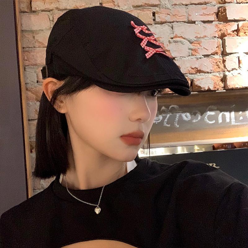 Sophisticated Vintage Beret With Bow For Women Black Cotton Blend Newsboy Cap
