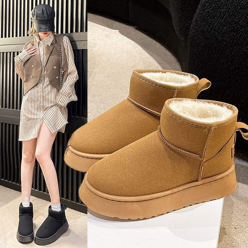 2025 winter snow boots women's simple short boots flat-soled short boots thickened and velvet warm thick-soled student cotton shoes