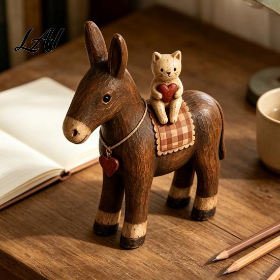 Collectible Animal Figurines Rustic Donkey Resin Figurine Farmhouse Style with Cat Tabletop Retro Interior Decorations Decoration Vintage