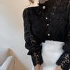 Lace Hollow Out Hook Flower Blouse Women Cotton Shirts Button White Black Top Long Sleeve Stand Collar Elegant Shirt