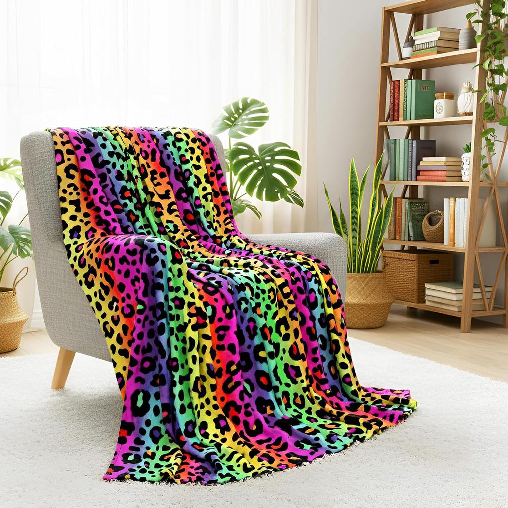 Colorful Rainbow Leopard Print Flannel Throw Blanket Soft Cozy Warm Blanket for Bed Couch Sofa All Season Home Decor