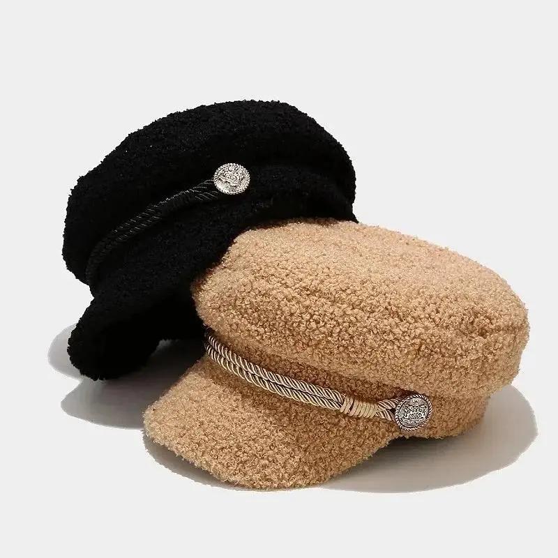 Mode Lammwolle Schiebermütze Damen Lässig Warmhalten Flacher Hut Weiblich Herbst Winter Militärmütze Frauen