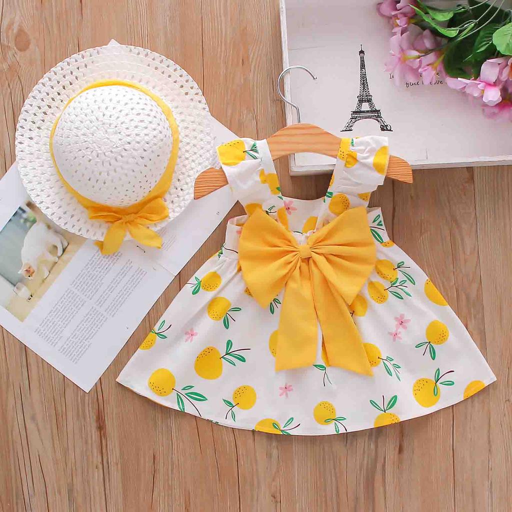 Kleinkind Baby Kinder Mädchen Hosenträger Zitrone Druck Prinzessin Kleid Hut Outfits