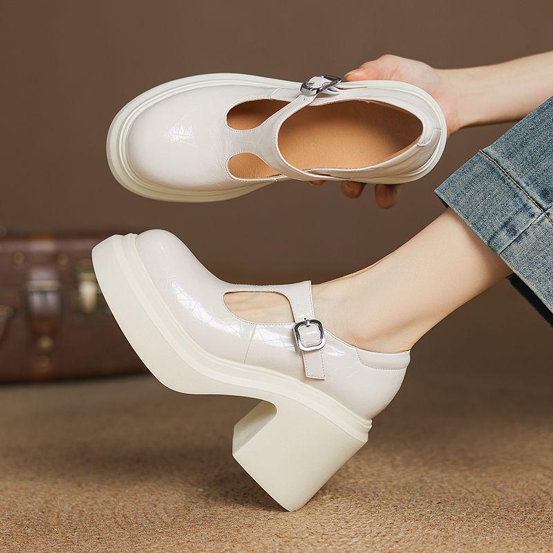 White Fashion Thick Heel Single Shoes Women's 2025 Spring Small Mary Jane Shoes One-button Platform High Heel Small Leather Shoes