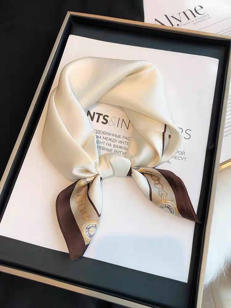 Dámský béžový hedvábný šátek - 53 cm Korejský styl Tištěný čtverec, 100% morušové hedvábí na jaro/léto