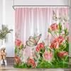 Flower Butterfly Shower Curtain Pink Purple Flowering Plant Art Bathroom Decorations Shower Curtain With Hook