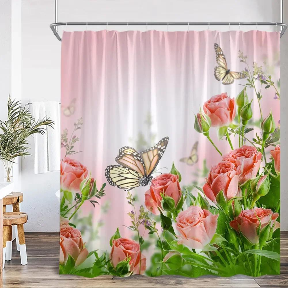 Flower Butterfly Shower Curtain Pink Purple Flowering Plant Art Bathroom Decorations Shower Curtain With Hook