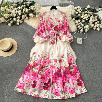 Spring Retro Pleated Printed Beach Dress Women French Single-breasted Elegant Casual Dresses Female Chic Vintage Temperament Maxi Dress New