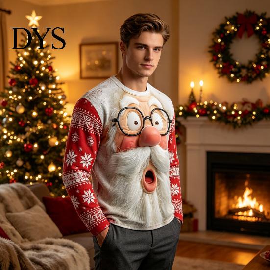Crew Neck Sweatshirts Christmas Santa Print Sweatshirt for Men, Holiday Party Crewneck Long 3D Sleeve Top, Breathable Casual Loose Pullover