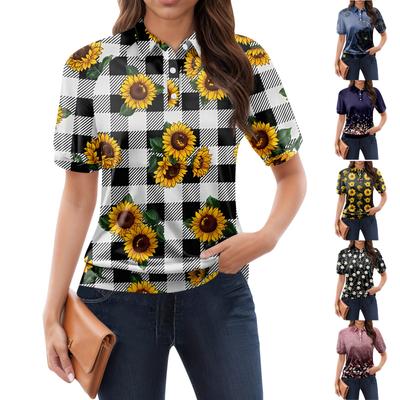 Women's Casual Floral Print V-Neck Short Sleeve Decorative Button T-Shirt Top