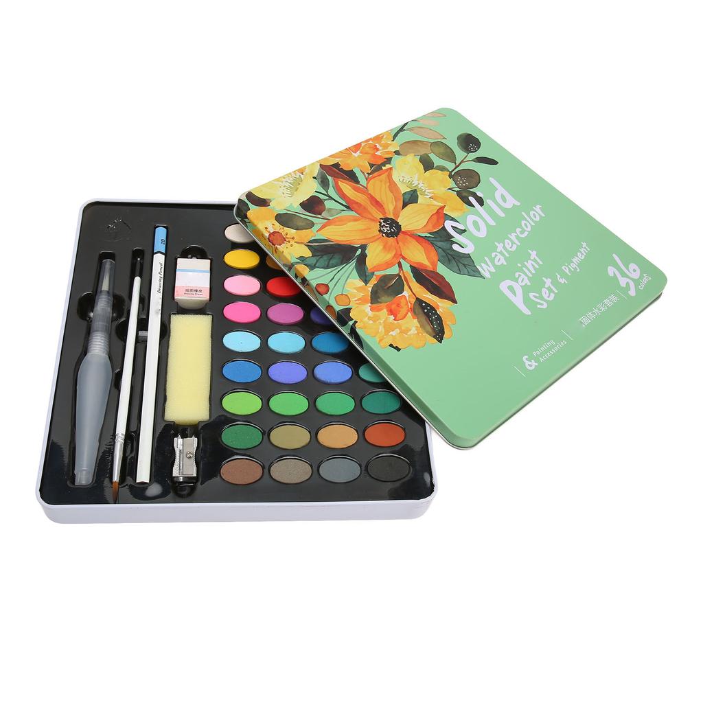 36 Colors Watercolor Paint Set with Brush Refillable Pen Sponge Strong Coloring Power Water Soluble Solid Watercolor