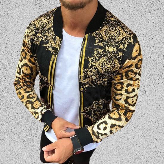 Men Coat Print All Match Round Neck Long Sleeve Leopard Jacket