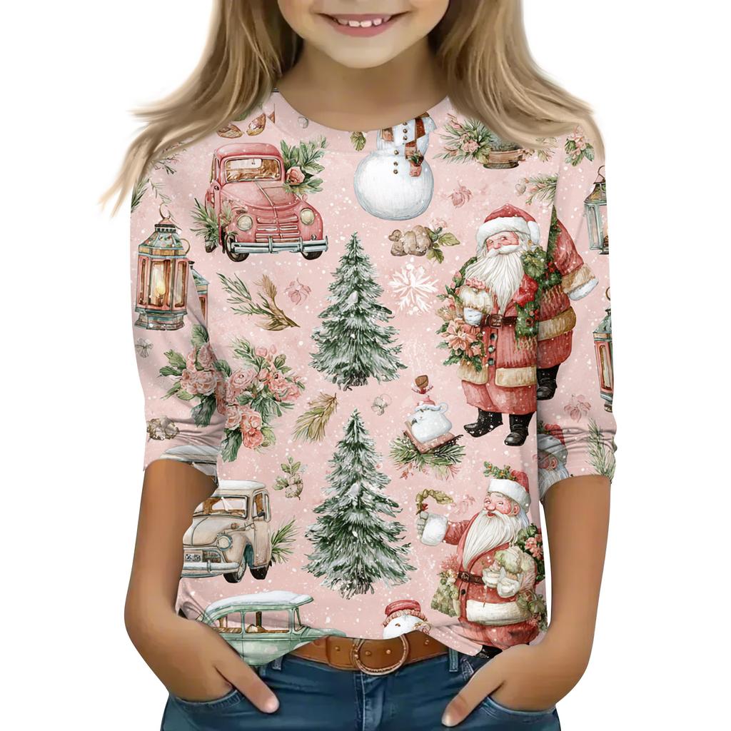Vánoční potisk Topů pro dospívající dívky 4-11 let Kulatý výstřih 3/4 rukávy Módní topy Outfit Trička