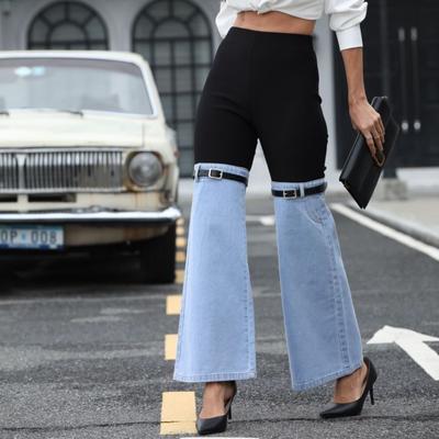 Spring Ladies Fashionable Slim Denim Spliced Wide Leg Casual Pants
