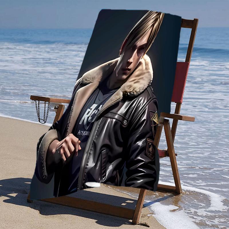 proof beach towel with a Resident Evil Leon S. Kennedy pattern - soft,absorbent,quick-drying,machine washable - perfect for swimming,camping,bathing